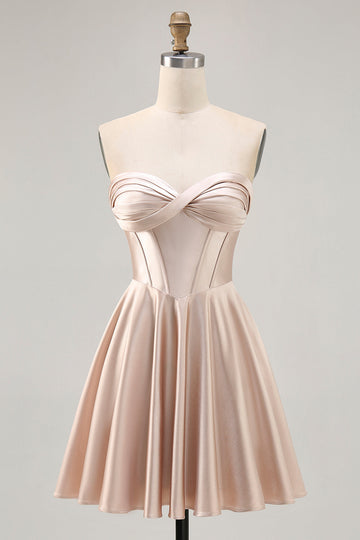 Champagne Corset Satin Strapless Homecoming Dress
